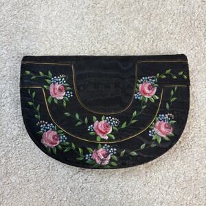Vintage Graceline Handbags Hand Painted Flowers Clutch Coin Purse Mirror